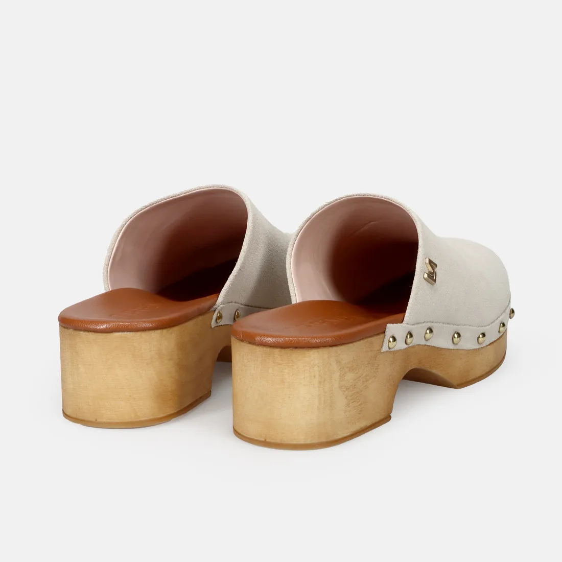 Zoccolo Lorenzo Mari Penelope in suede sabbia con suola in legno