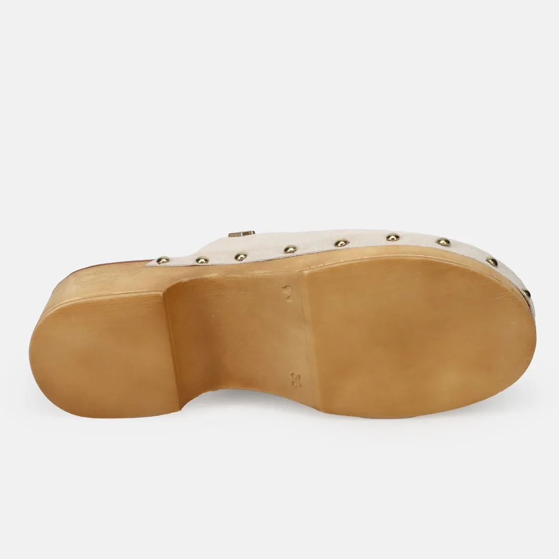 Zoccolo Lorenzo Mari Penelope in suede sabbia con suola in legno